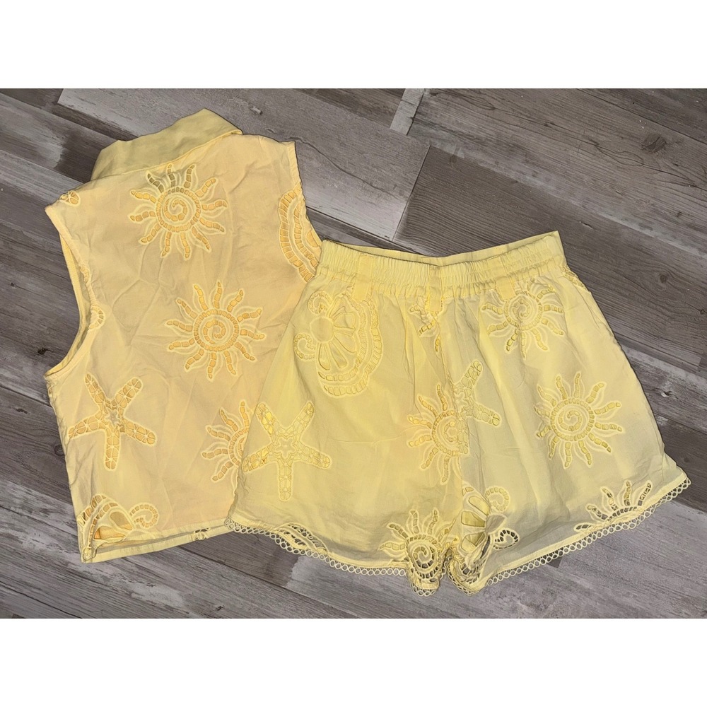 Entro Eyelet Two Piece Set Womens Yellow Sun Starfish Shorts Top P29936 Small - Picture 4 of 7